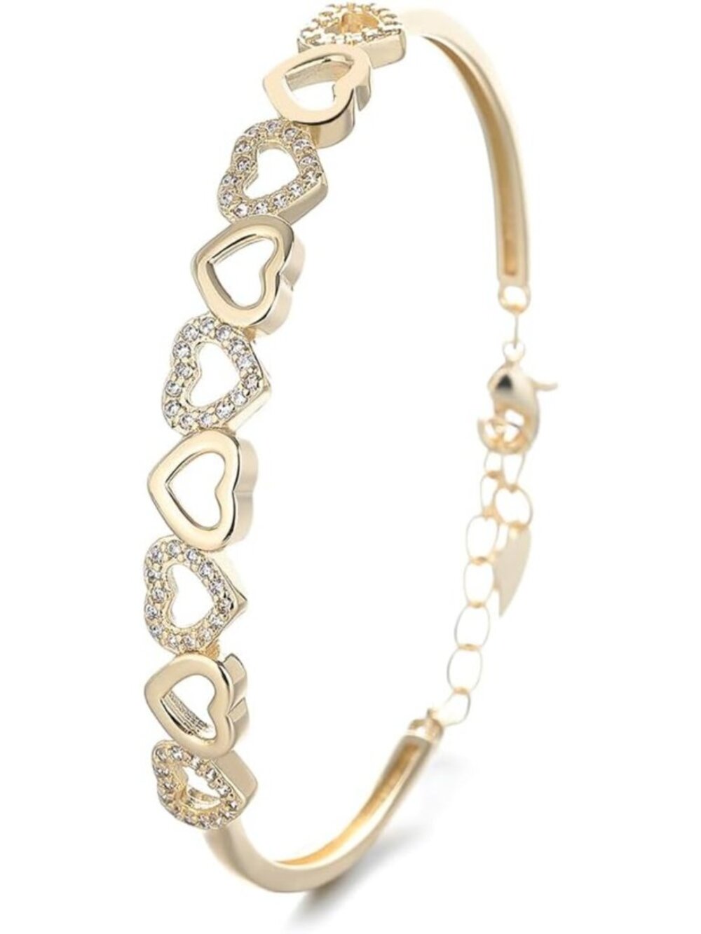 14K Gold Plated Heart Bangle Bracelet with Crystals - Adjustable Cute Bangles